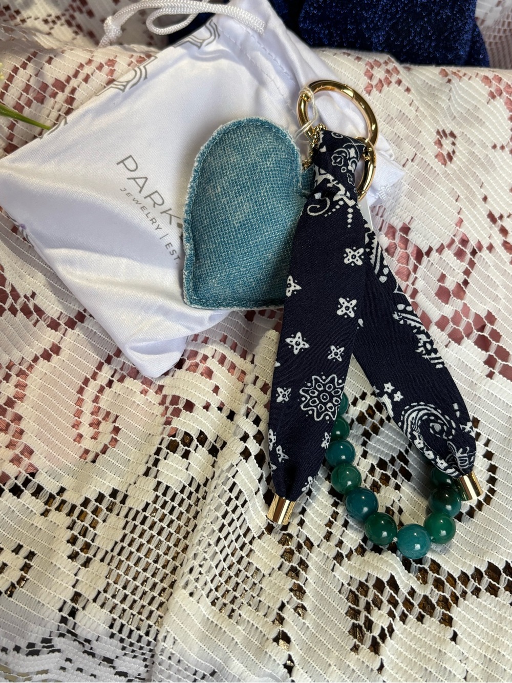 Park Lane Blue Denim Heart Keychain with Teal Bead Strand and Navy Bandana Tie - Picture 8 of 9
